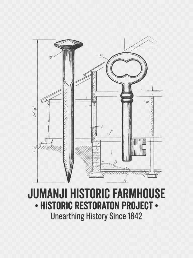 Jumanji Historic Farmhouse T-Shirt design — nail and key architectural illustration, copper on black