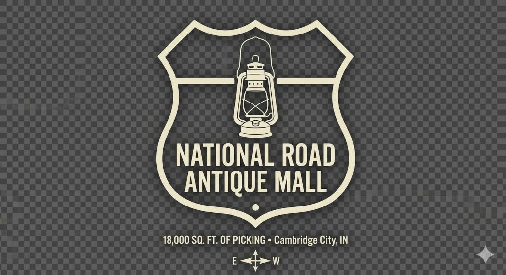 National Road Antique Mall T-Shirt design — shield badge with lantern, cream print on denim blue